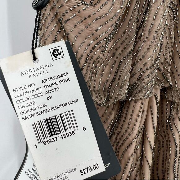 NEW Adrianna Papell Halter Beaded Blouson Goem Maxi Dress Sz 8P Taupe Pink Wavy - Picture 8 of 9